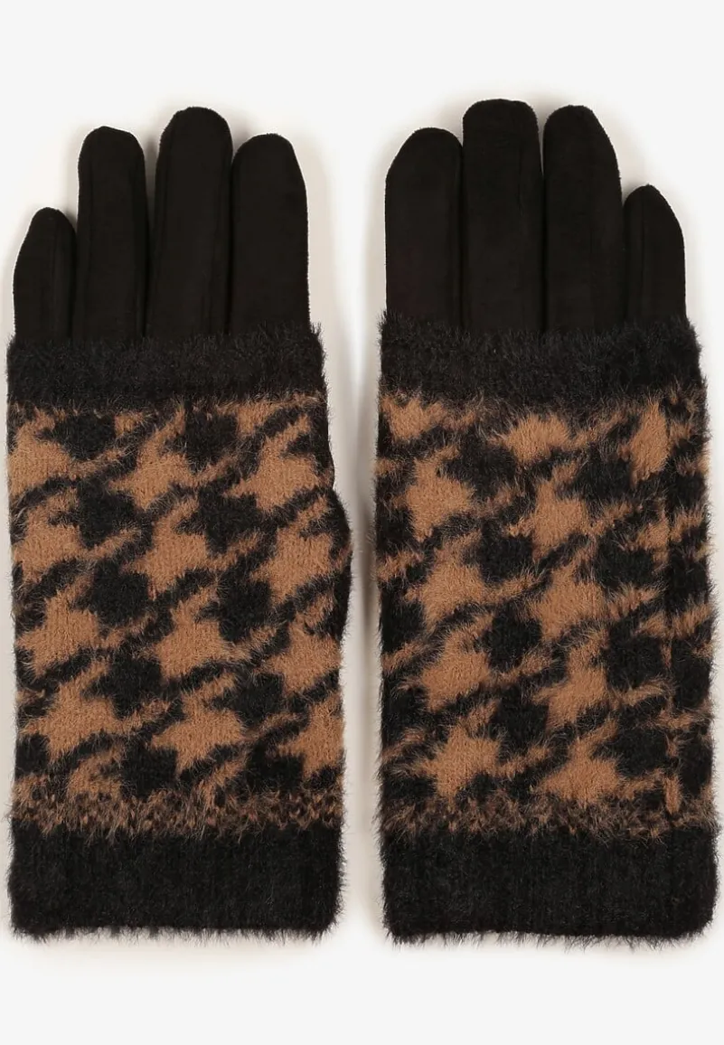 Czarne Rękawiczki Welurowe z Ozdobną Dzianinową Nakładką Seliti