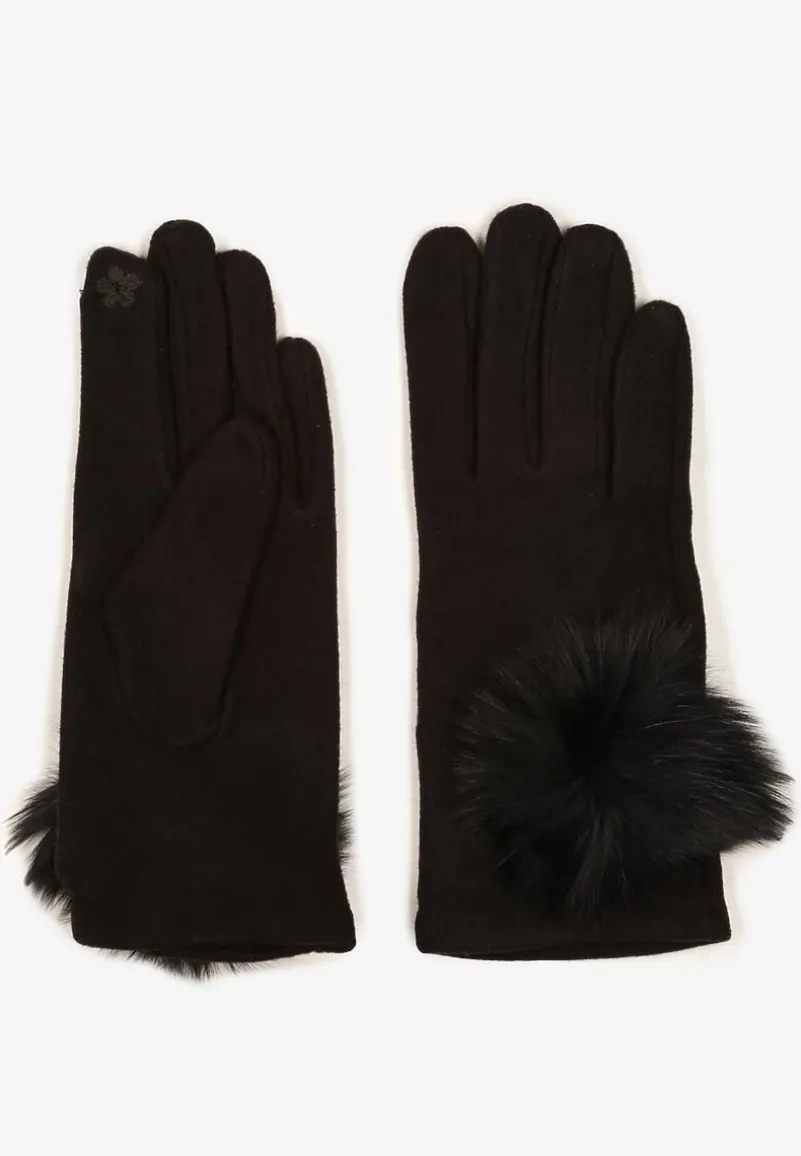 Czarne Rękawiczki z Bawełną Ozdobione Futrzanym Pomponem Nadelina