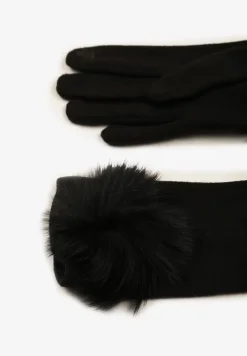 Czarne Rękawiczki z Bawełną Ozdobione Futrzanym Pomponem Nadelina