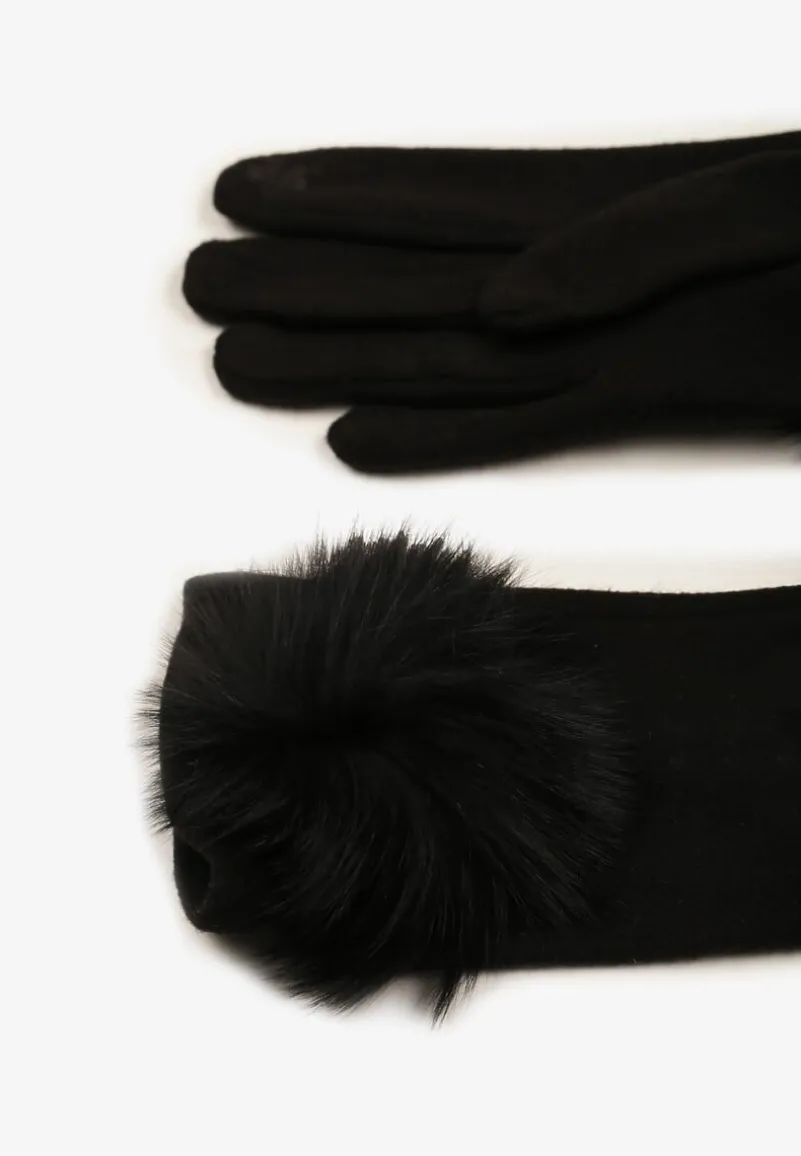 Czarne Rękawiczki z Bawełną Ozdobione Futrzanym Pomponem Nadelina