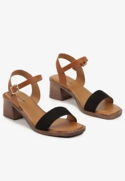 Czarne Sandały Boho z Imitacją Drewna na Obcasie i Podeszwie Effioma