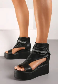 Czarne Sandały na Koturnie z Imitacji Skóry Zapinane na Zamek Błyskawiczny z Cyrkoniami Uzira