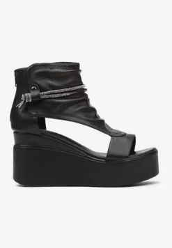 Czarne Sandały na Koturnie z Imitacji Skóry Zapinane na Zamek Błyskawiczny z Cyrkoniami Uzira