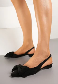 Czarne Sandały na Płaskiej Podeszwie Slingback z Kokardą Leavindra