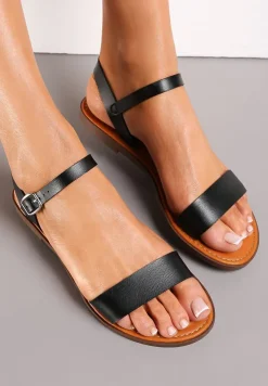 Czarne Sandały na Płaskiej Podeszwie Deellel