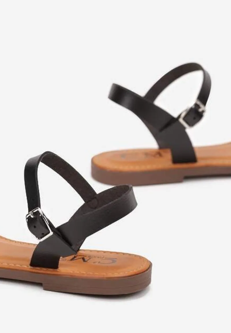 Czarne Sandały na Płaskiej Podeszwie Deellel