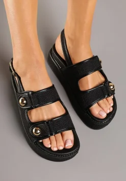 Czarne Sandały na Platformie z Plecionką i Metalicznymi Aplikacjami Pollani