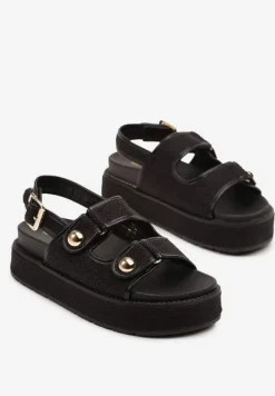 Czarne Sandały na Platformie z Plecionką i Metalicznymi Aplikacjami Pollani