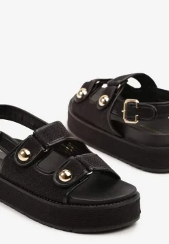 Czarne Sandały na Platformie z Plecionką i Metalicznymi Aplikacjami Pollani