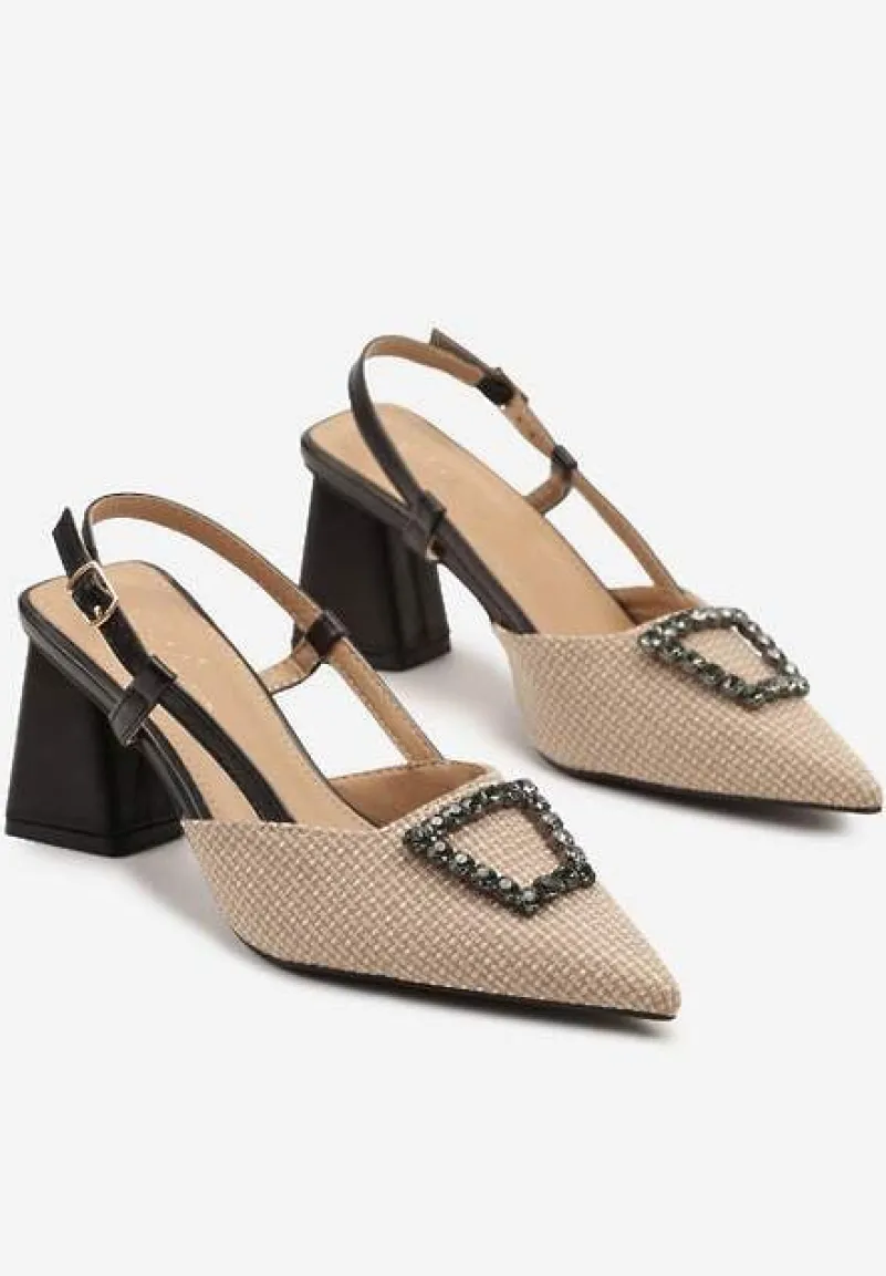 Czarne Sandały na Słupku Typu Slingback Ozdobione Cyrkoniową Aplikacją Koriarre