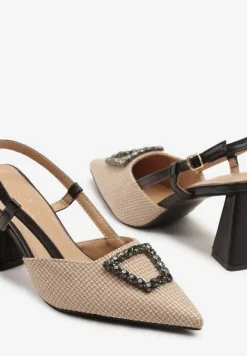 Czarne Sandały na Słupku Typu Slingback Ozdobione Cyrkoniową Aplikacją Koriarre