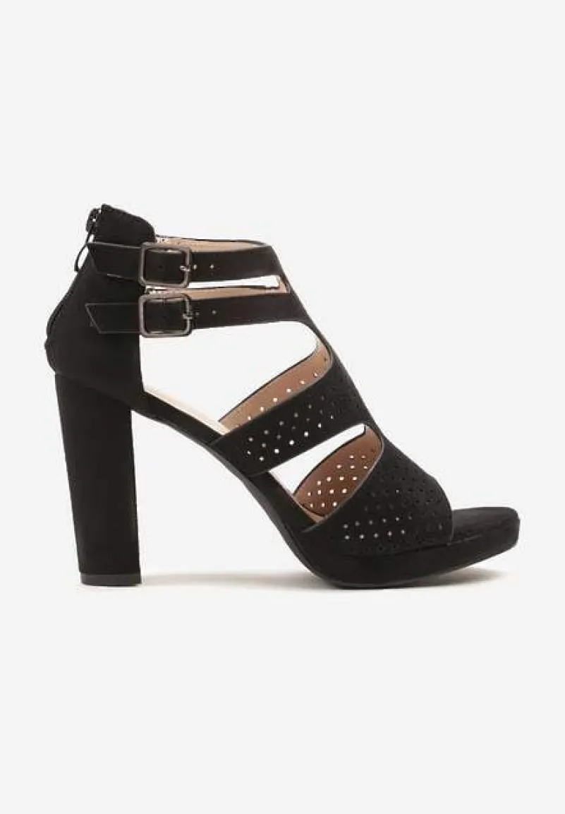Czarne Sandały na Słupku Vices Ozdobione Wycięciami i Perforacją Firaleia