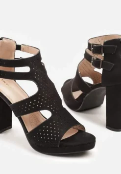 Czarne Sandały na Słupku Vices Ozdobione Wycięciami i Perforacją Firaleia