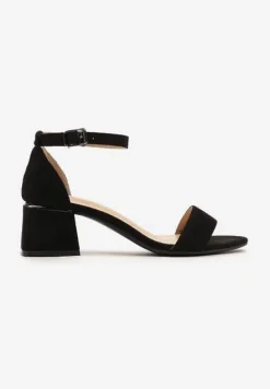 Czarne Sandały na Słupku z Imitacji Skóry Zdobione Elementami o Metalicznym Wykończeniu Aloeli