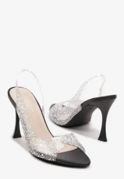 Czarne Sandały na Szpilce z Transparentną Cholewką Ozdobione Perełkami i Cyrkoniami Risaras