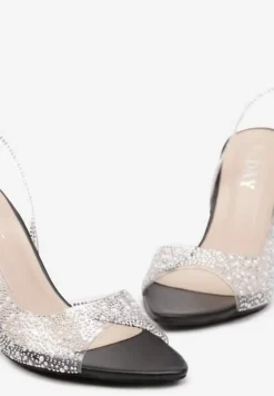 Czarne Sandały na Szpilce z Transparentną Cholewką Ozdobione Perełkami i Cyrkoniami Risaras