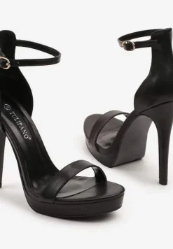 Czarne Sandały na Szpilce i Platformie z Paskiem Wokół Kostki Napelle