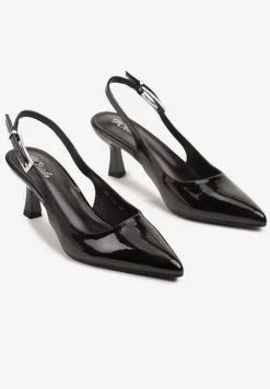 Czarne Sandały Slingback na Kaczuszce z Lakierowanym Wykończeniem Annive