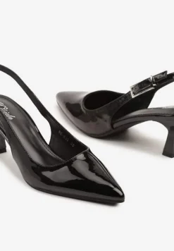 Czarne Sandały Slingback na Kaczuszce z Lakierowanym Wykończeniem Annive
