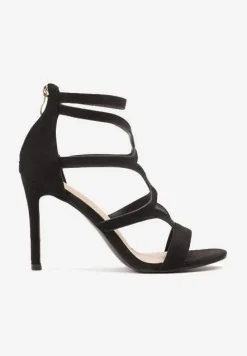 Czarne Sandały Szpilki ze Skórzaną Wkładką i Ozdobnymi Paskami na Suwak Perseisa
