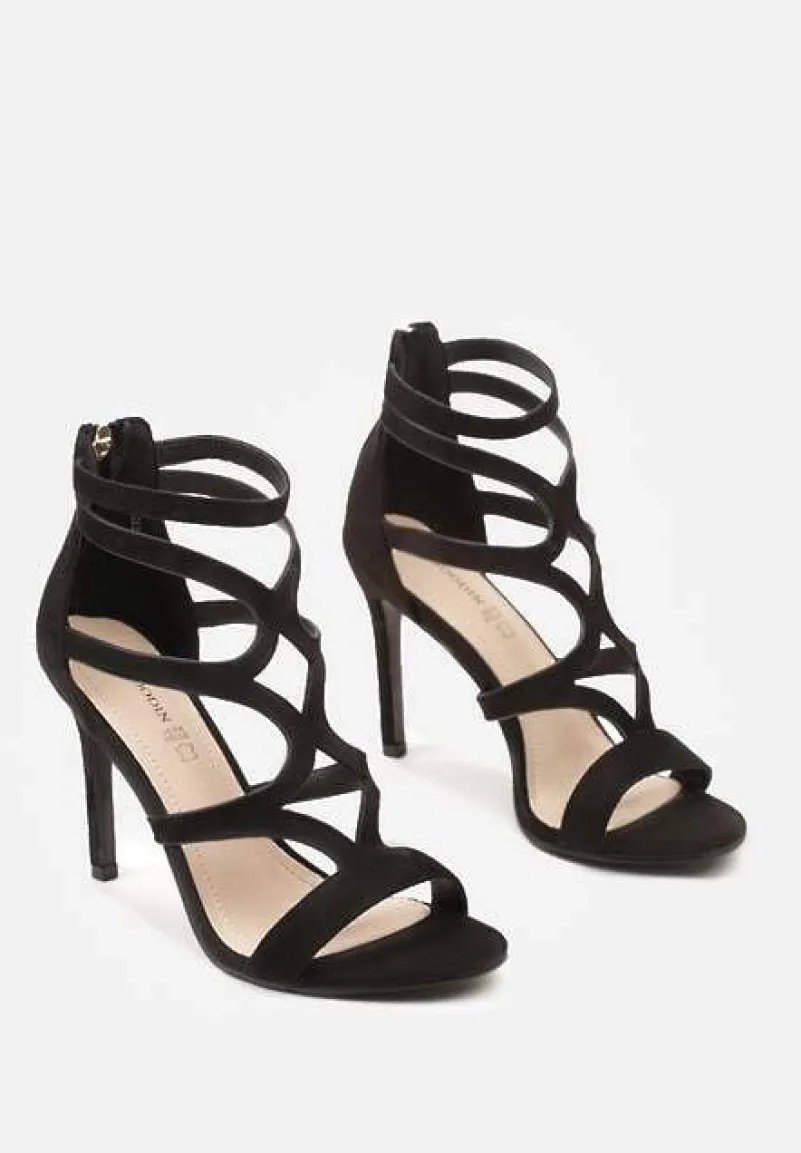 Czarne Sandały Szpilki ze Skórzaną Wkładką i Ozdobnymi Paskami na Suwak Perseisa