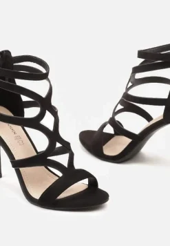 Czarne Sandały Szpilki ze Skórzaną Wkładką i Ozdobnymi Paskami na Suwak Perseisa
