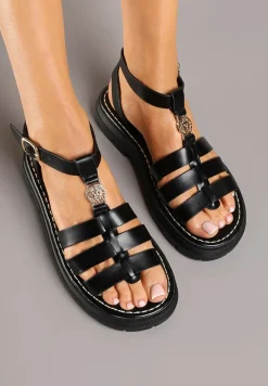 Czarne Sandały Typu Gladiatorki z Metalicznym Zdobieniem na Platformie Annialira