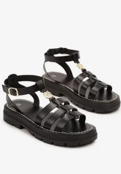 Czarne Sandały Typu Gladiatorki z Metalicznym Zdobieniem na Platformie Annialira