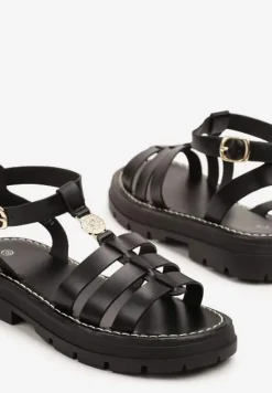 Czarne Sandały Typu Gladiatorki z Metalicznym Zdobieniem na Platformie Annialira