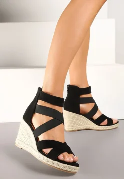 Czarne Sandały Vices na Koturnie Ozdobionym Plecionką Adisiel