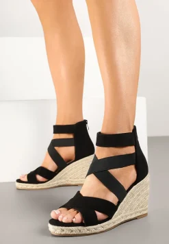 Czarne Sandały Vices na Koturnie Ozdobionym Plecionką Adisiel