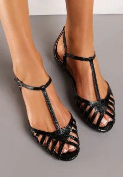 Czarne Sandały Vices na Płaskiej Podeszwie Ozdobione Paseczkami z Zapięciem na Kostce Phaedrana