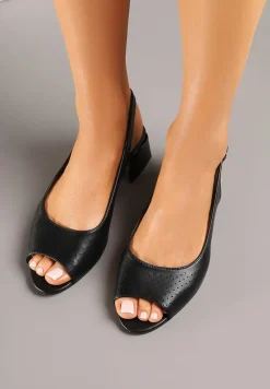 Czarne Sandały Vices na Słupku ze Skórzaną Wkładką Ozdobione Perforacją Letivra