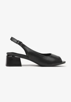 Czarne Sandały Vices na Słupku ze Skórzaną Wkładką Ozdobione Perforacją Letivra