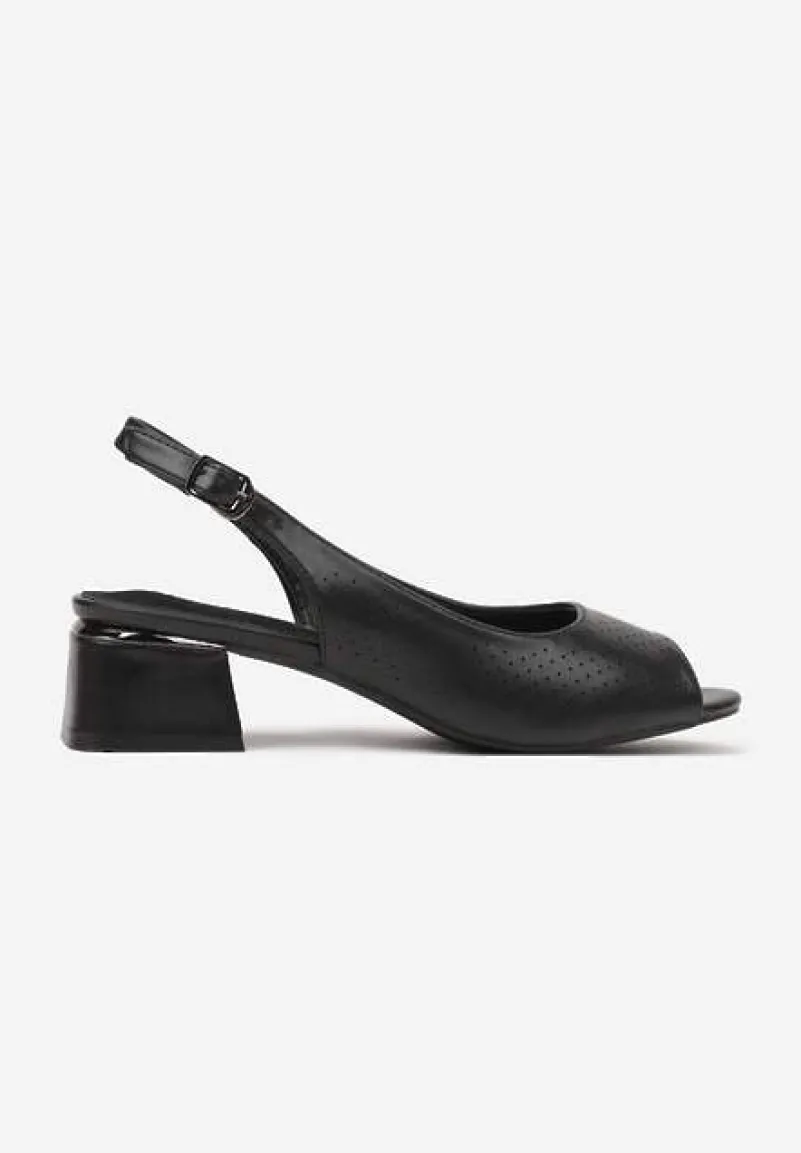 Czarne Sandały Vices na Słupku ze Skórzaną Wkładką Ozdobione Perforacją Letivra