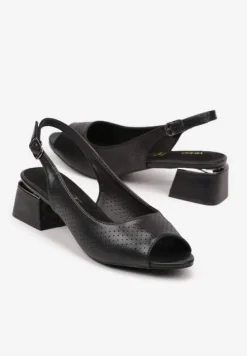 Czarne Sandały Vices na Słupku ze Skórzaną Wkładką Ozdobione Perforacją Letivra