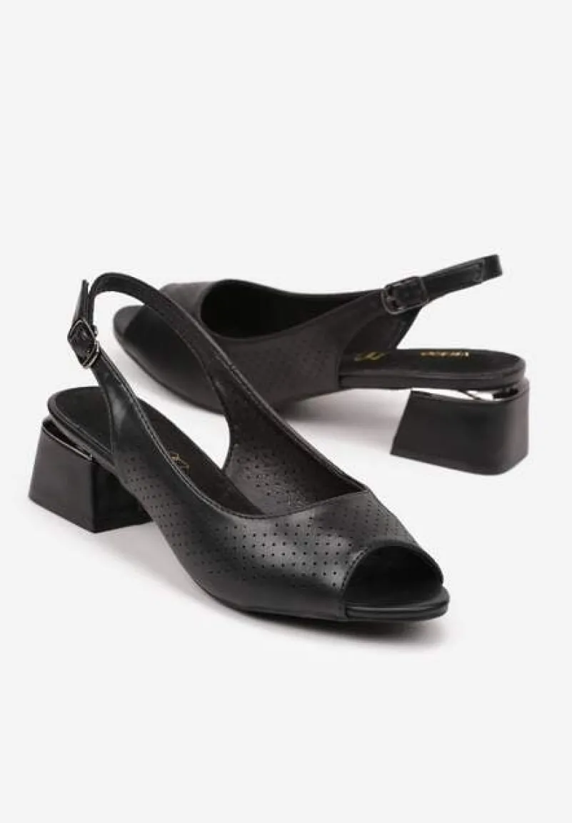 Czarne Sandały Vices na Słupku ze Skórzaną Wkładką Ozdobione Perforacją Letivra