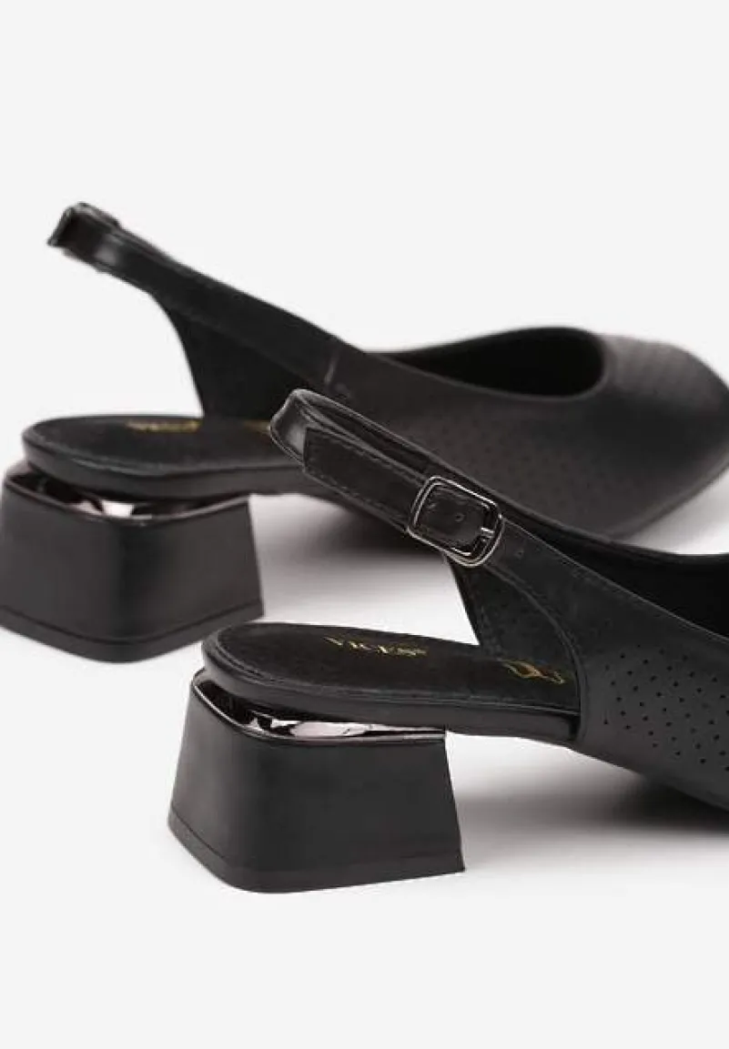 Czarne Sandały Vices na Słupku ze Skórzaną Wkładką Ozdobione Perforacją Letivra