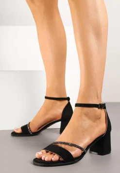 Czarne Sandały Vices na Słupkowym Obcasie z Cyrkoniowym Zdobieniem Galisena