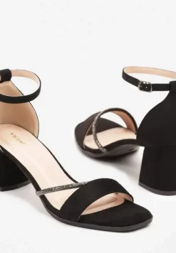 Czarne Sandały Vices na Słupkowym Obcasie z Cyrkoniowym Zdobieniem Galisena