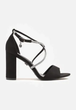 Czarne Sandały Vices na Słupku Ozdobione Paskami z Cyrkonii Rovettia