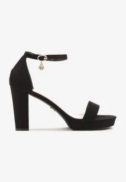 Czarne Sandały Vices z Imitacji Zamszu na Słupkowym Obcasie z Paskiem Wokół Kostki Maritira