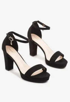 Czarne Sandały Vices z Imitacji Zamszu na Słupkowym Obcasie z Paskiem Wokół Kostki Maritira