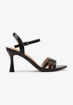 Czarne Sandały z Ekoskóry na Szpilce Zapinane na Sprzączkę Ploemis