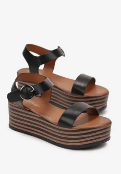 Czarne Sandały z Otwartym Noskiem na Koturnie Stepha