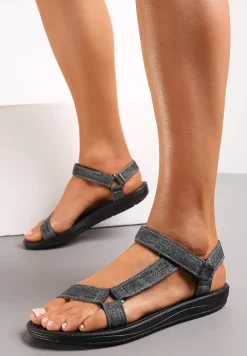 Czarne Sandały z Paskiem z Rzepem Lorarand