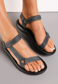 Czarne Sandały z Paskiem z Rzepem Lorarand