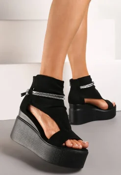 Czarne Sandały za Kostkę na Platformie z Koturnem Ozdobione Cyrkoniami Gavrela