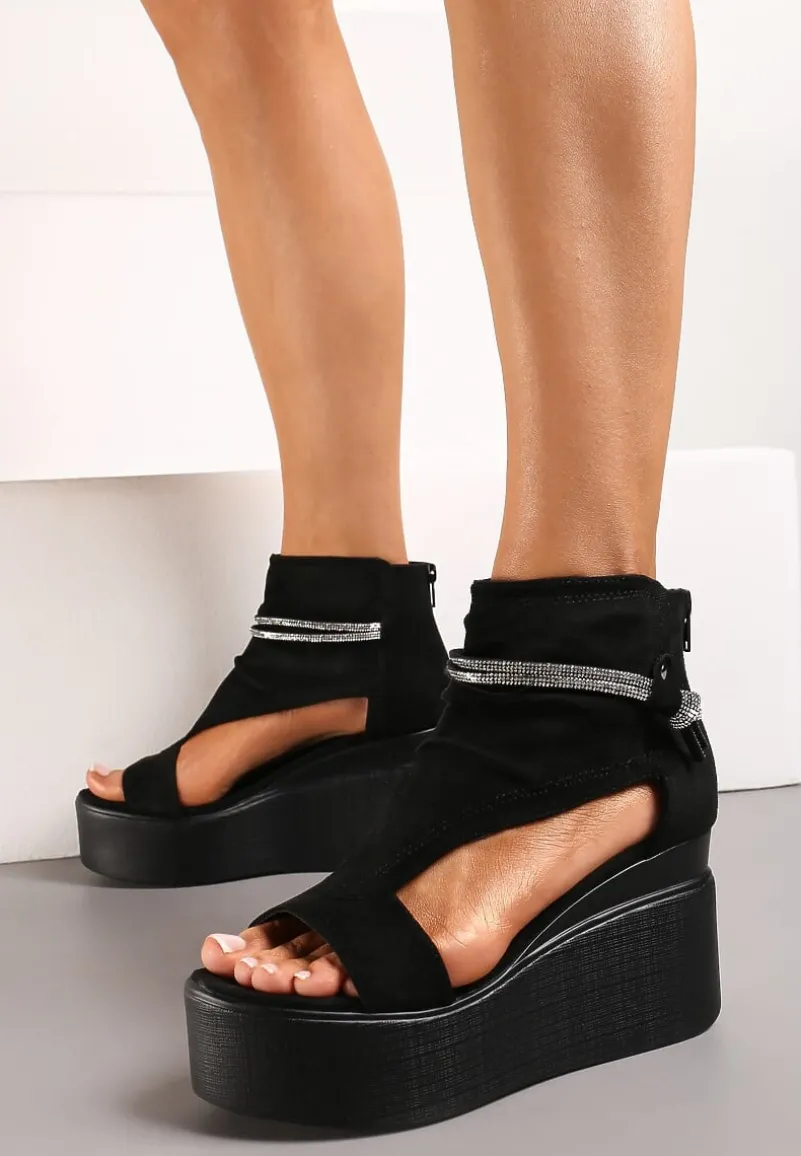 Czarne Sandały za Kostkę na Platformie z Koturnem Ozdobione Cyrkoniami Gavrela