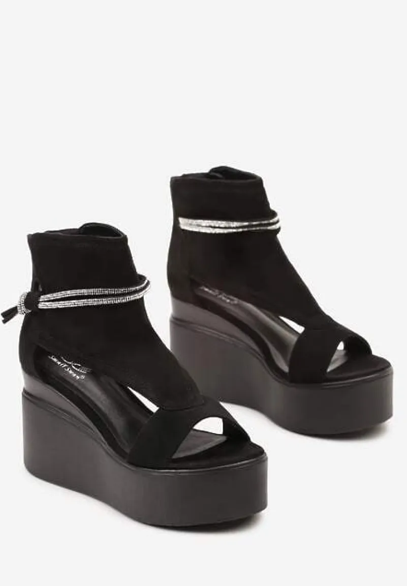 Czarne Sandały za Kostkę na Platformie z Koturnem Ozdobione Cyrkoniami Gavrela